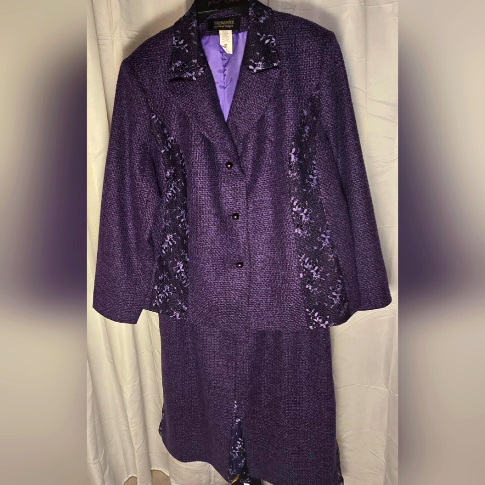 Purple Signature By Harve Bernard Women's Tweed Suit With Lace Overlay